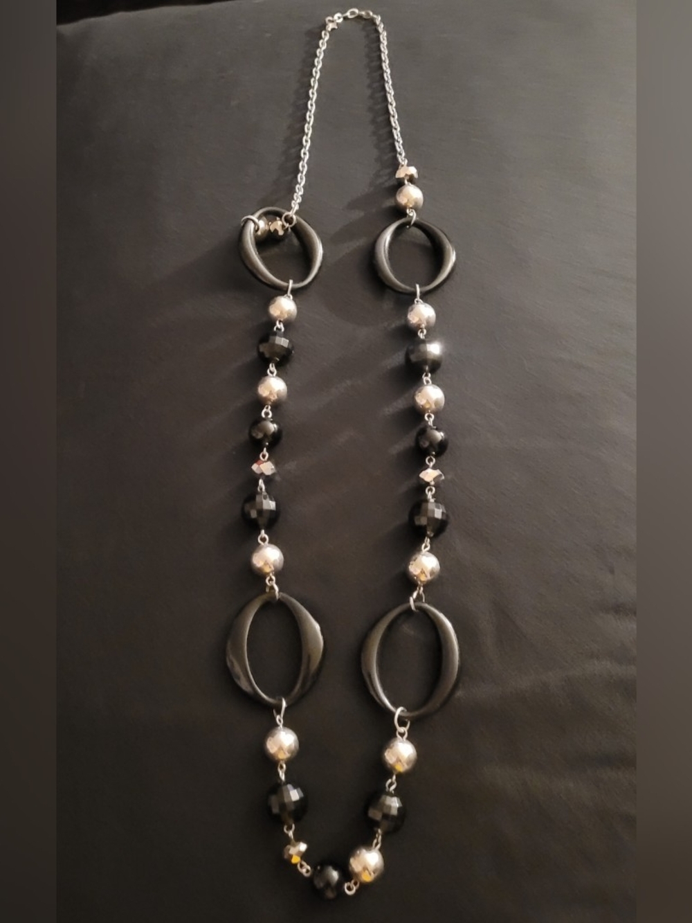 Black and Silver Beaded Long Women's Necklace